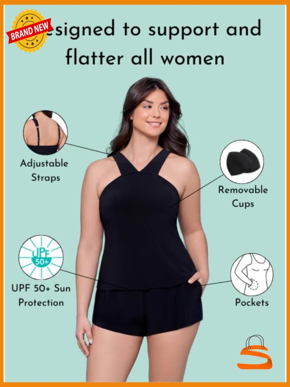 Slimming High Neck Swim Romper with Pockets Adjustable Straps - Picture 5 of 6